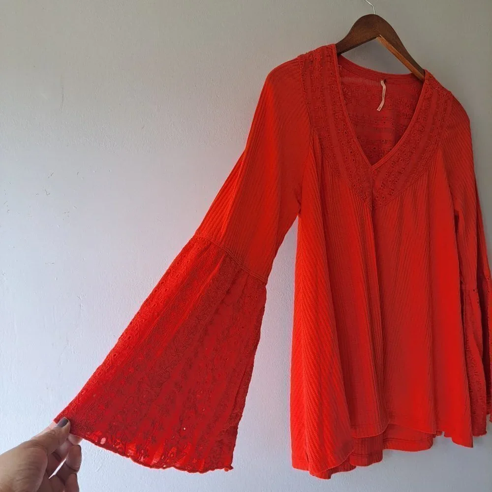 Free People Bright Orange Bell Sleeve V-Neck Top